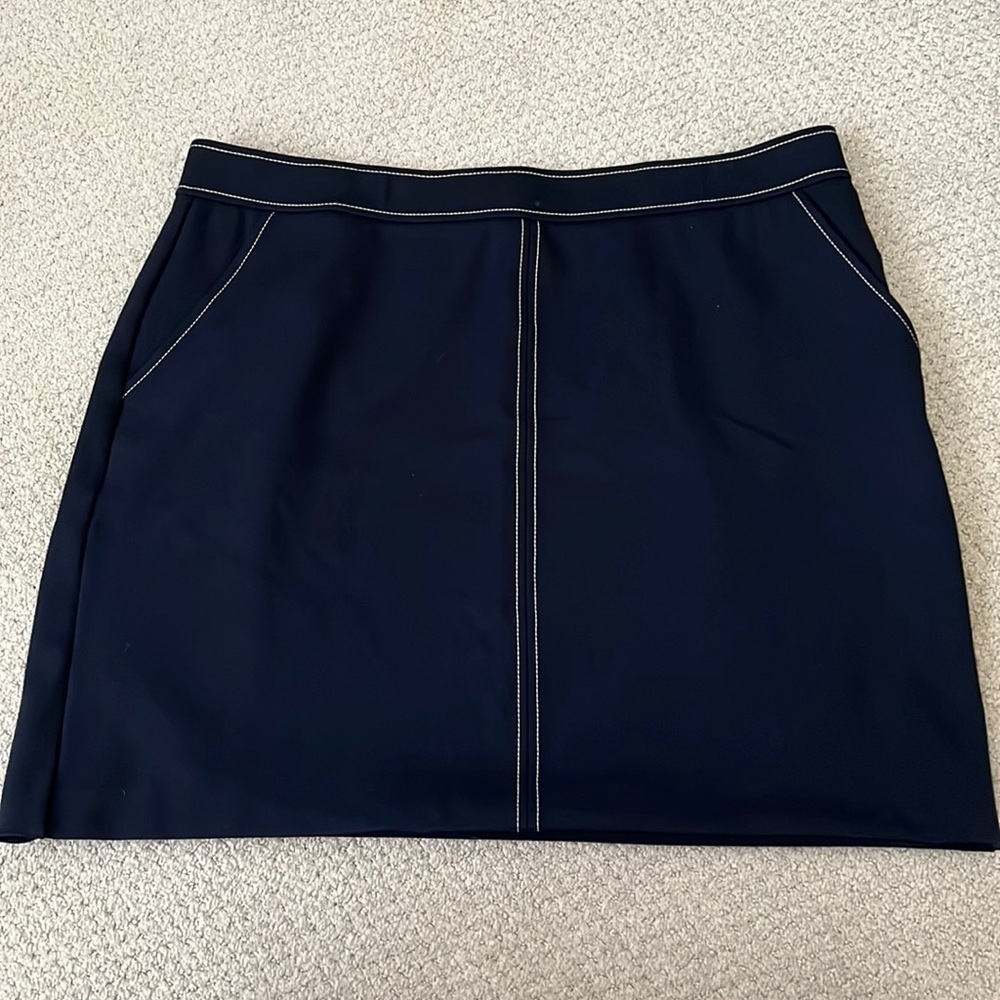LOFT navy blue exposed‎ white stitching A line stretch pull on skirt Sz 16